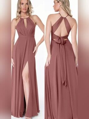 Azazie Mauve Chiffon Formal Wedding Guest Party Event Open Back Bow Maxi Dress